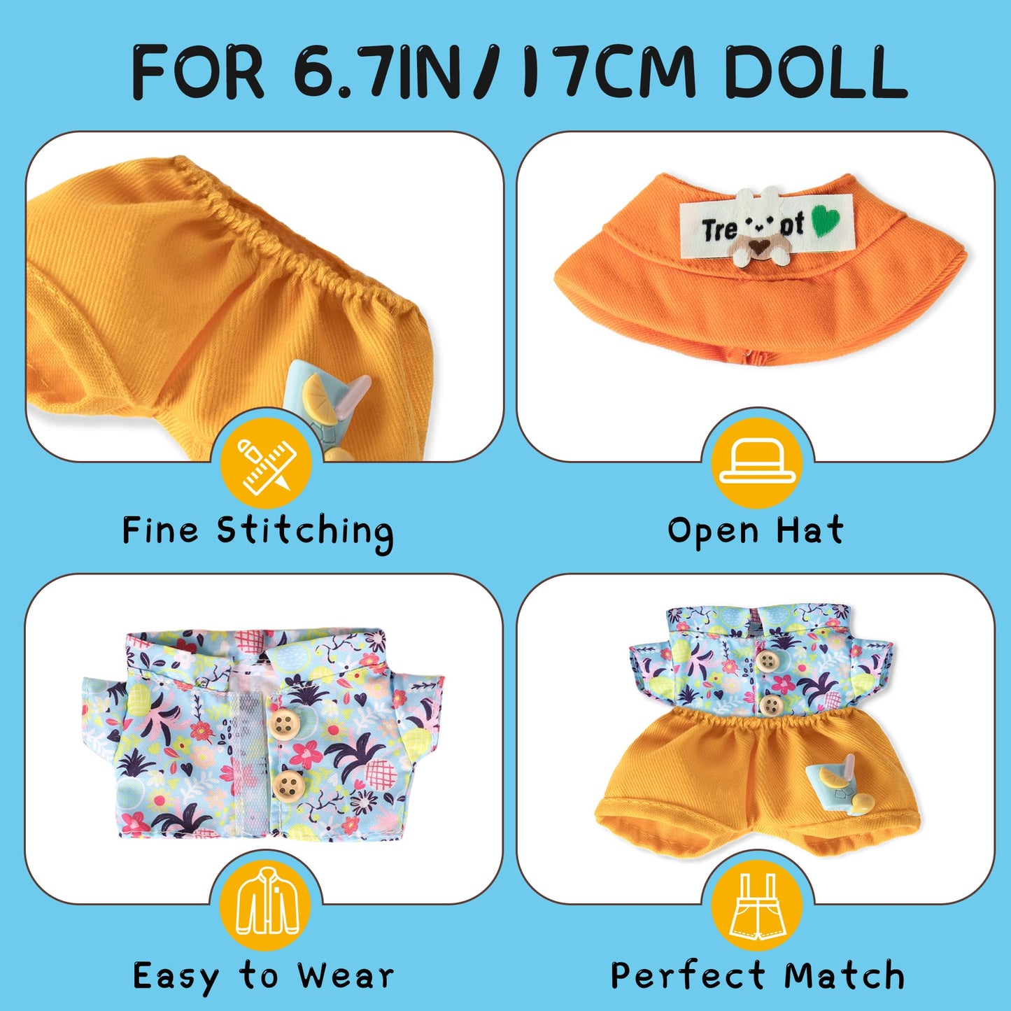 Clothes for 6.7in/17cm Doll  Set of 4 Cute Doll Accessories Includes Doll Hat+T-Shirt+Bib Pants+Shoes Set enhanced Fashion Outfit for Collectors Unique Gift (Style C2)