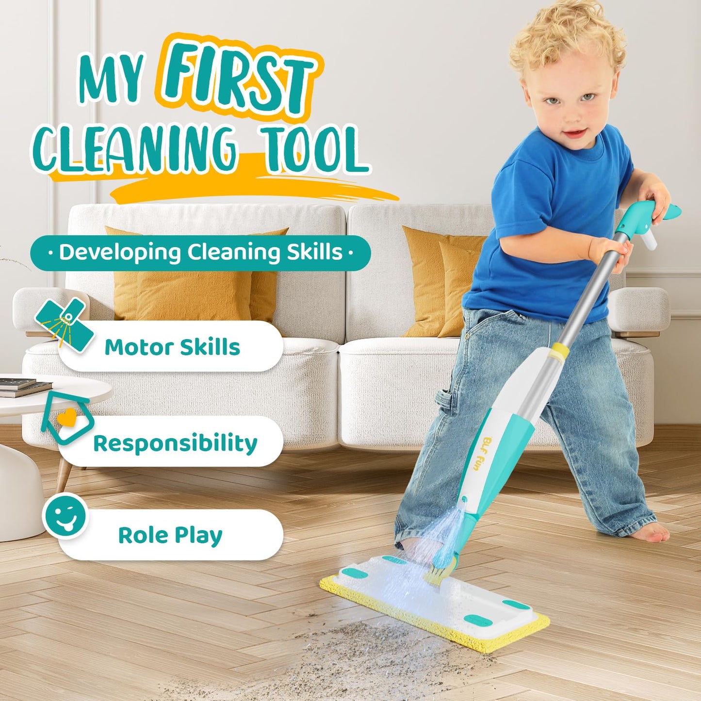 BLF FUN Spray Mop for Kids - Real Water Sprayer Cleaning Set, Montessori Toy for Ages 3-6, Green, Model PTD06-2L-1