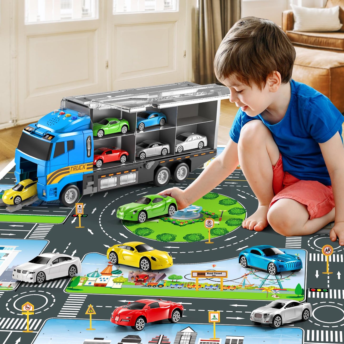 NIPLOOOW Toddler Boys Toys for 3 4 5 6 Years Old, Truck Vehicle Toy Set with Play Mat, Die-Cast Toy Car Carrier Truck for Boys K