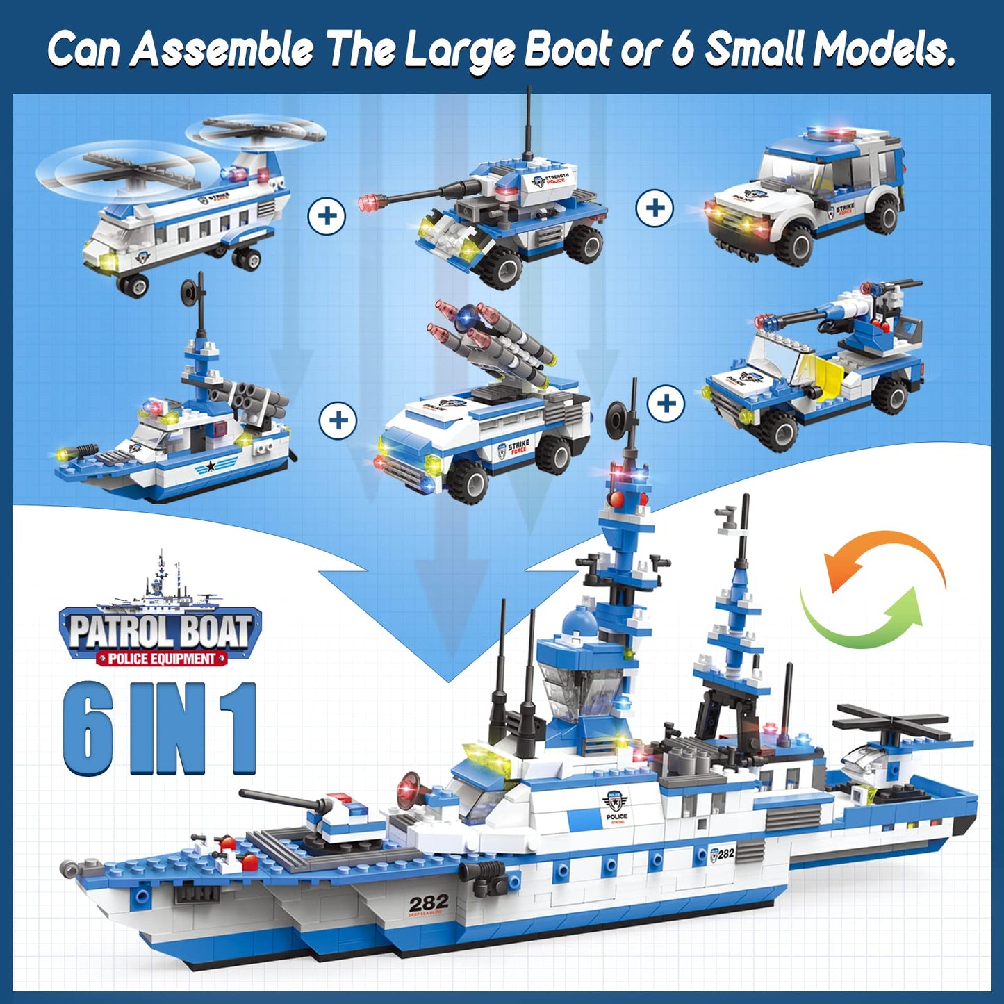 EP EXERCISE N PLAY Police Ship Building Blocks Kit, 1169 Pieces, Large, Blue, Includes Cop Car & Helicopter for Ages 6-12