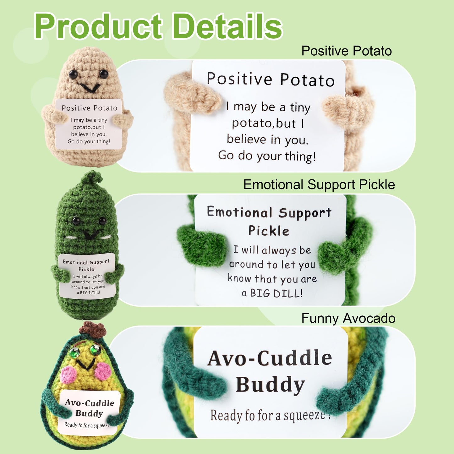 Dhoem Emotional Support Pickle And Funny Positive Potato Cute Avocado,3 Inch Mini Crochet Doll With Unique Positive Card For Che
