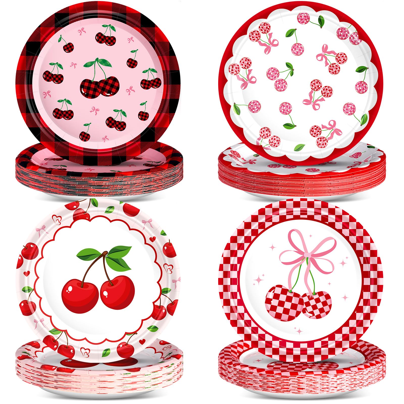 Zhehao 48 Pcs Cherry Birthday Party Decorations Cherry Party Plates 7 Inch Pink Bow Coquette Dessert Disposable Paper Plates for