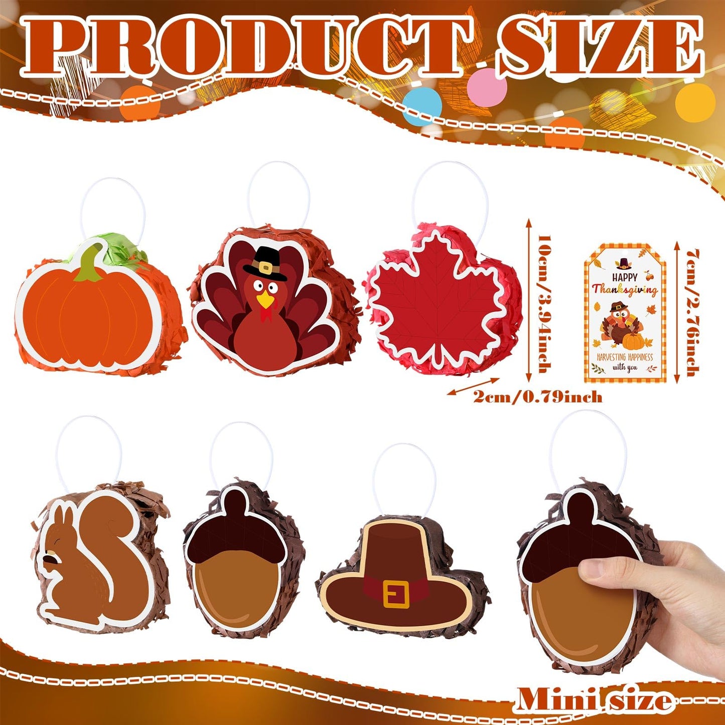 Poen 6 Pcs Thanksgiving Mini Piata Mini Turkey Squirrel Pine Cones Pumpkin Maple Leaves Piata with Greeting Card for Thanksgivin
