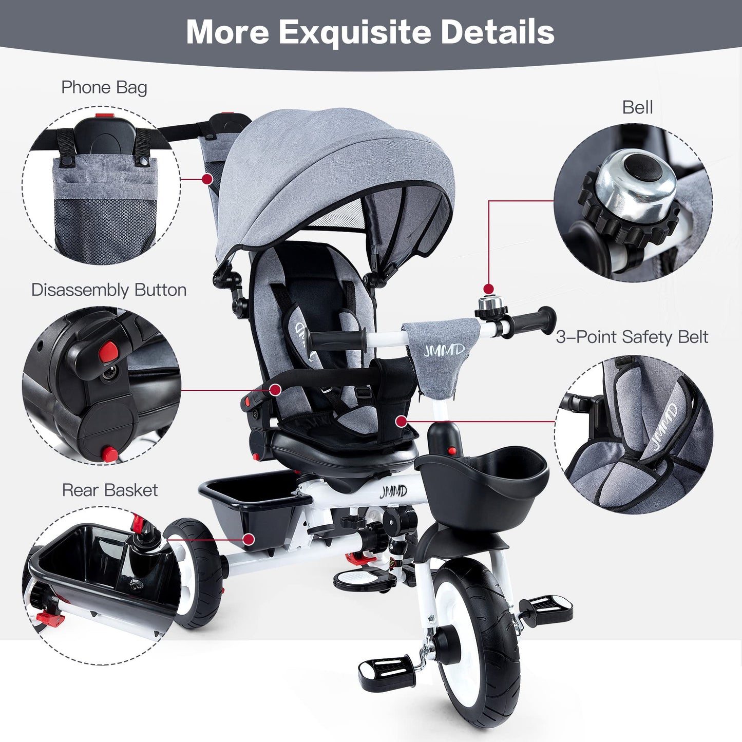 JMMD Baby Trike, 6-in-1 Kids Tricycle with Adjustable Push Handle, Removable Canopy, Safety Harness for 18 Months - 5 Year Old,