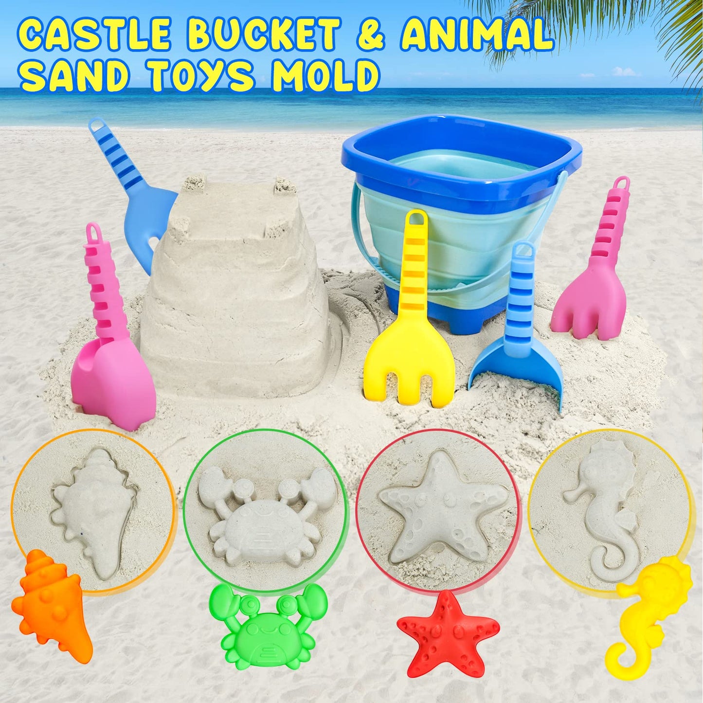 Dreamon Beach Toys for Kids 3-10, Collapsible Sand Castle Toys for Beach Include 3 Pack Foldable Buckets, Shovels Molds and Stor