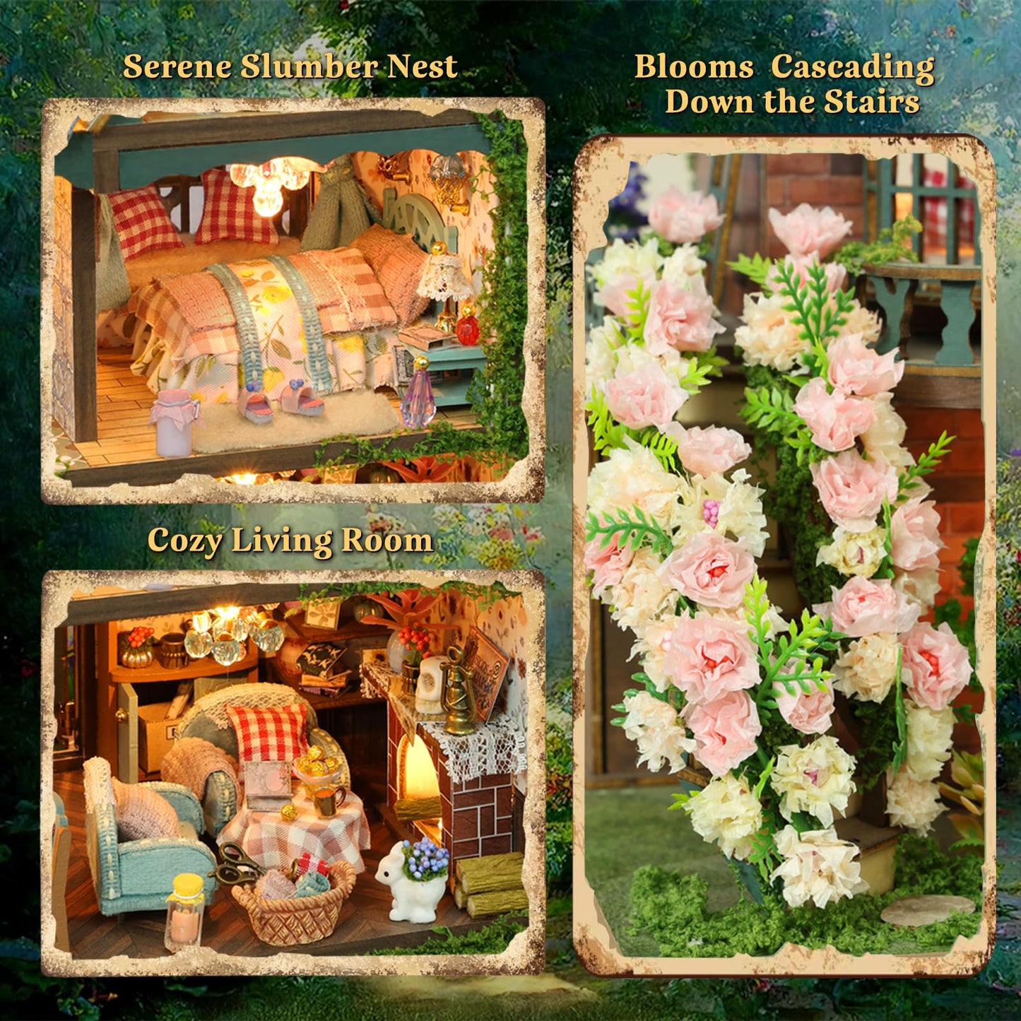 DIY Miniature House Kit  Book Nook Kit for mature-themed  3D Wooden Puzzles  Dollhouse Kit with LED Light  Mini Building Kit  Craft Kit for Teen to Build (Elven Garden)