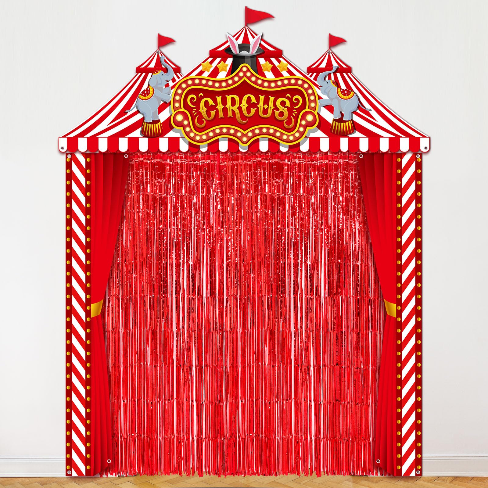Tingjoo 6 Pcs Carnival Circus Party Decorations Set Red and White Circus Tent Door Cover Banner with Red Tinsel Fringe Curtain B