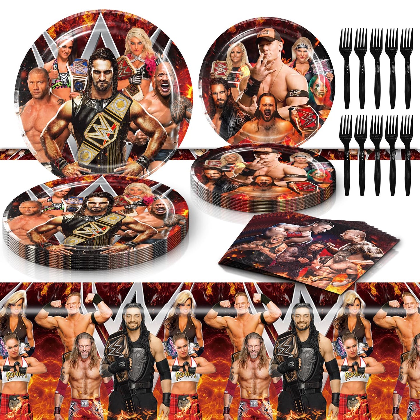 Wrestling Birthday Party Tableware Set, Include Wrestling Theme Party Tablecloth, Dessert Plates, Napkins, Forks, for Wrestling 