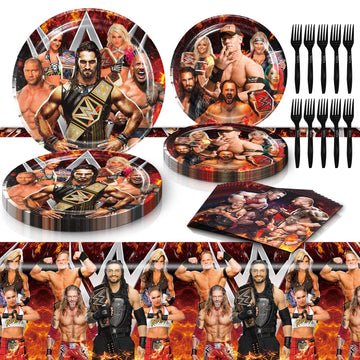 Wrestling Birthday Party Tableware Set, Include Wrestling Theme Party Tablecloth, Dessert Plates, Napkins, Forks, for Wrestling 