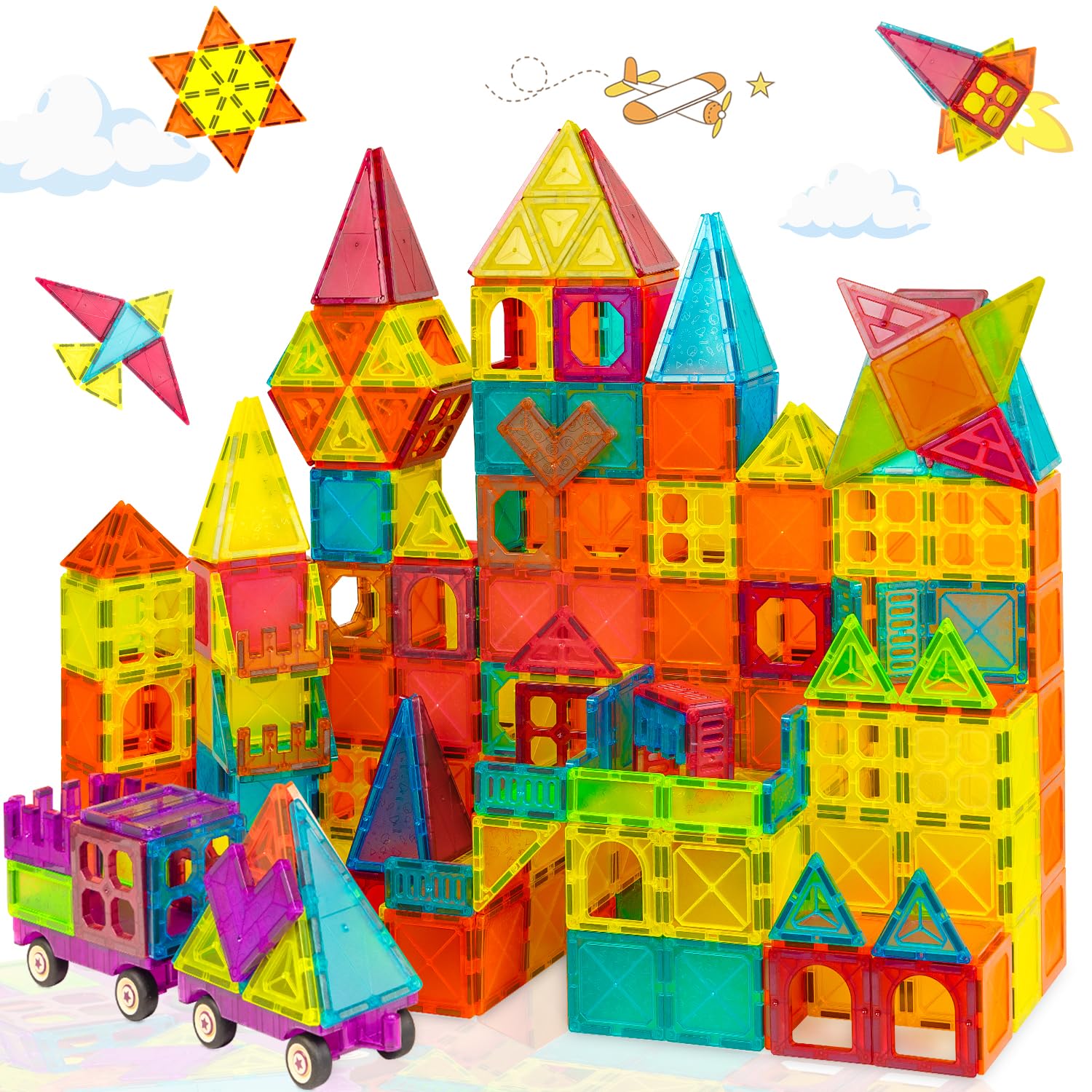 Wingbabe Magnetic Building Blocks, 120Pcs With 2 Cars And 12 Cartoon Sheets, 3D Clear Magnet Tiles, Stem Educational Toys For To