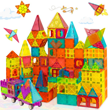 Wingbabe Magnetic Building Blocks, 120Pcs With 2 Cars And 12 Cartoon Sheets, 3D Clear Magnet Tiles, Stem Educational Toys For To