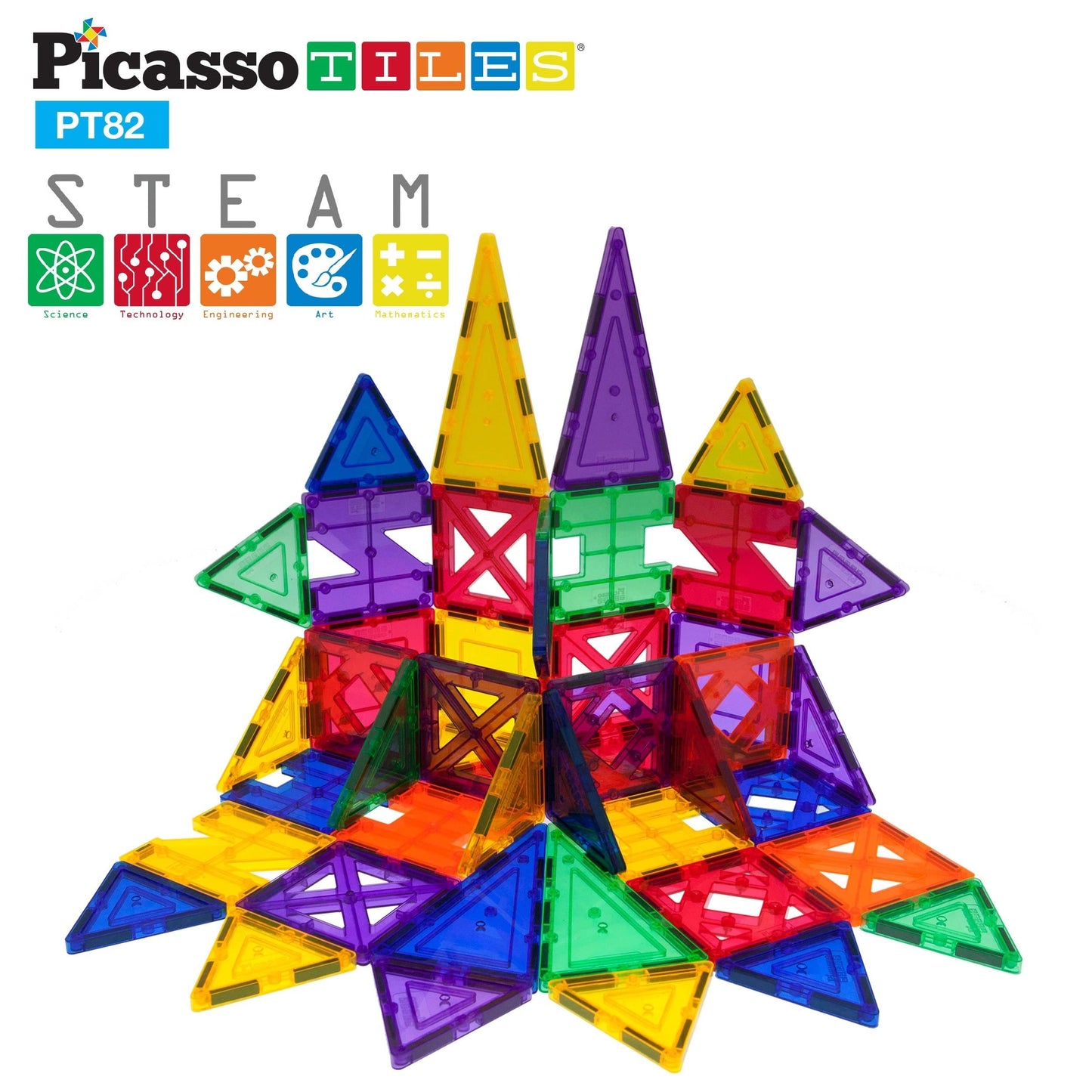 PicassoTiles PT82 Creativity Set Magnet Building Tiles Clear Color Magnetic 3D Building Block - Creativity Beyond Imagination! E