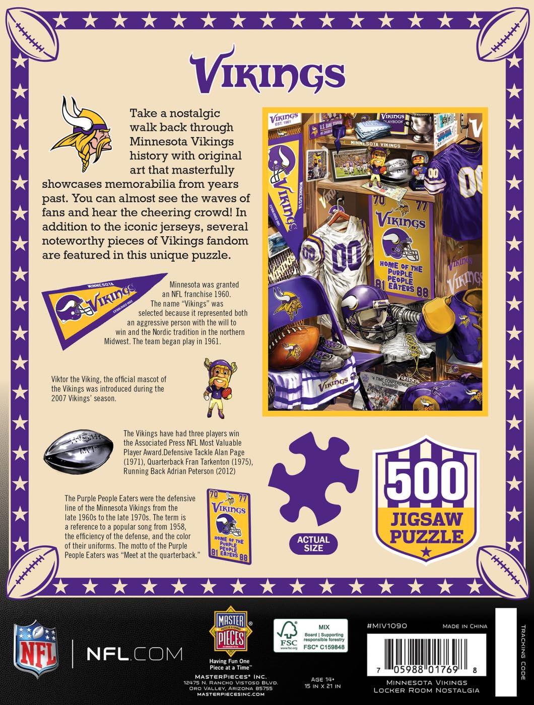 MasterPieces Game Day 500 Piece Jigsaw Puzzle for Adults - NFL Minnesota Vikings Locker Room - 15x21