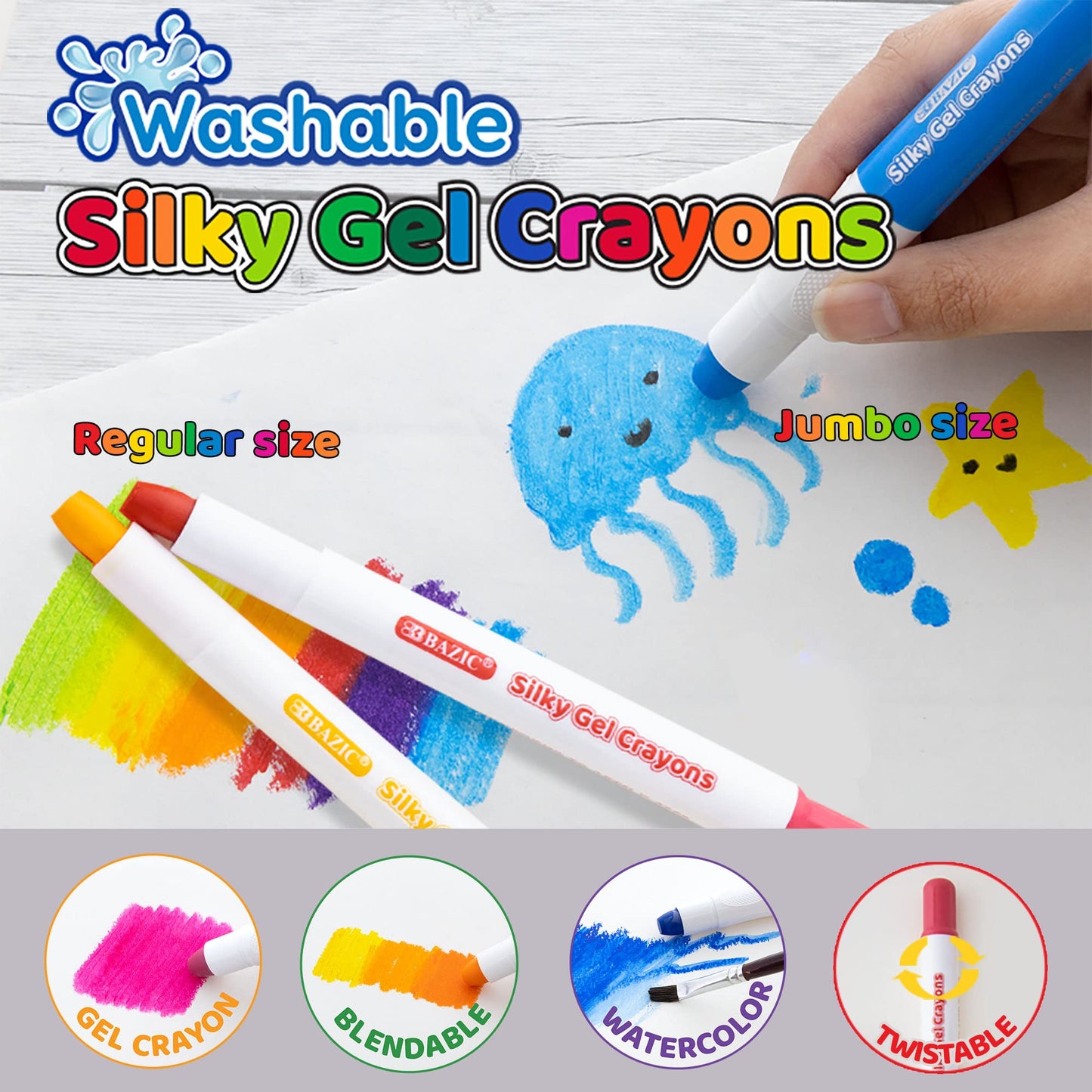 BAZIC Silky Gel Crayons 24 Color, Washable Blendable Non Toxic Watercolor Crayon for Coloring Book (24/Pack), 1-Pack