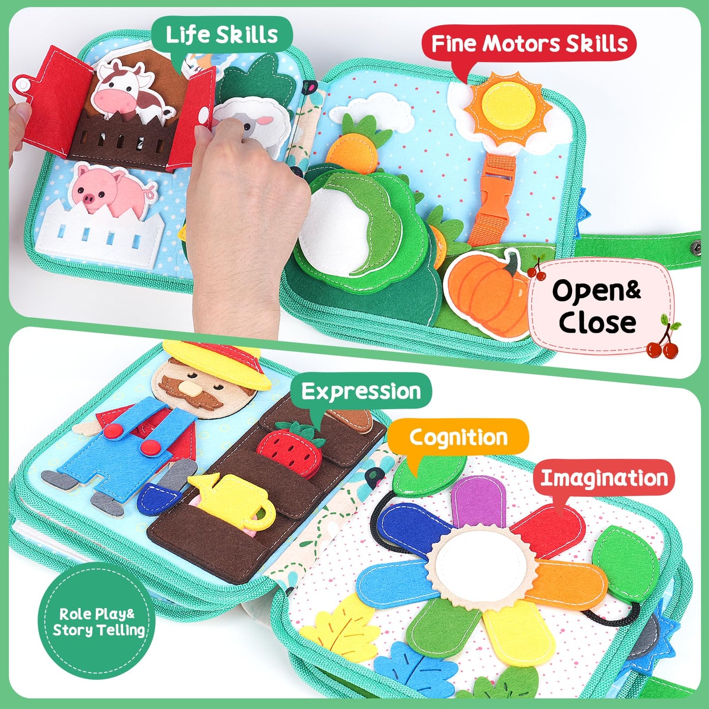 Cobelae Montessori Felt Quiet Book for Toddlers 1-3, Small, Green/Blue/Pink, Busy Board Toy, Sensory Learning Activities