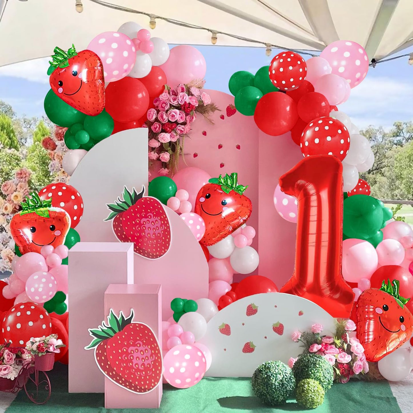 Strawberry Party Decoration Balloon Garland Arch Kit, 143Pcs Red Pink Balloons Strawberry Foil Balloons For Sweet One Boy Girl B