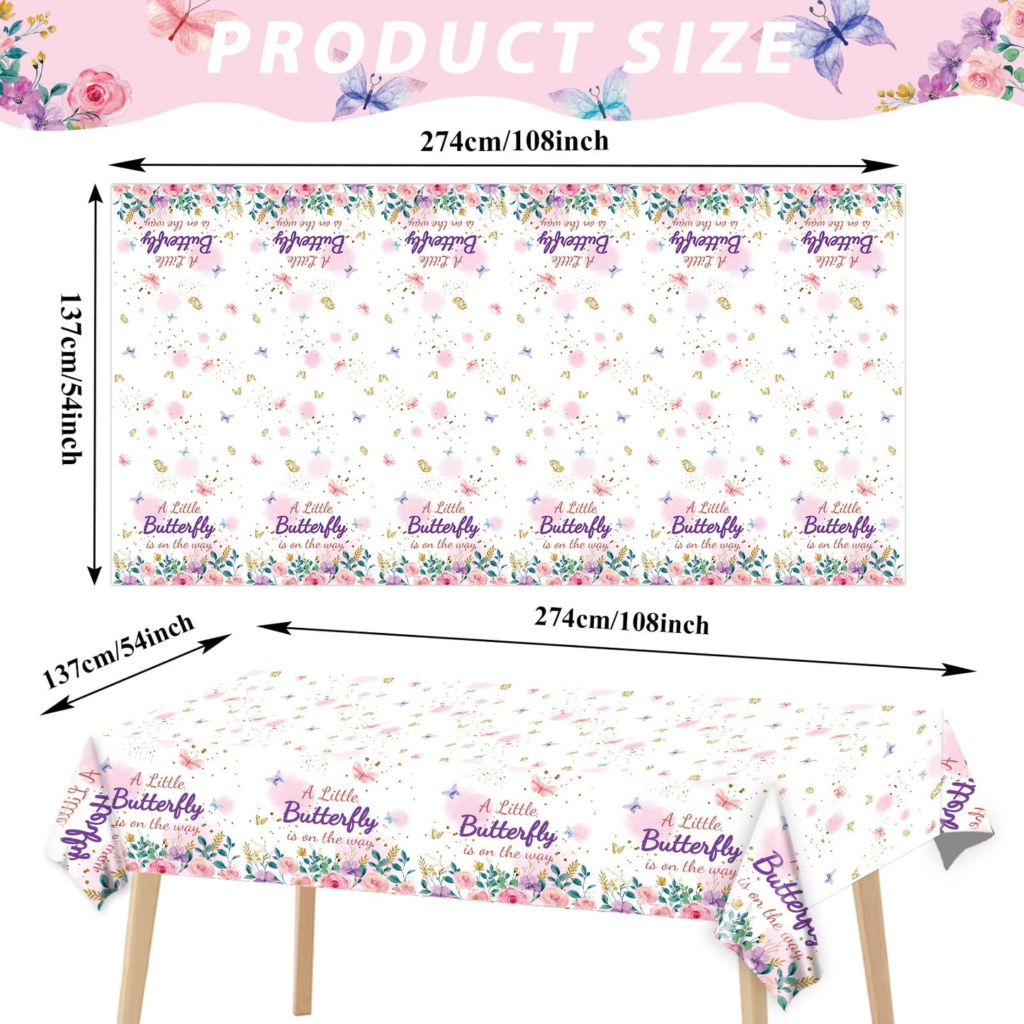 Obusatt 3Pcs Butterfly Baby Shower Party Tablecloth Supplies A Little Butterfly Is On The Way Baby Girl Party Disposable Plastic