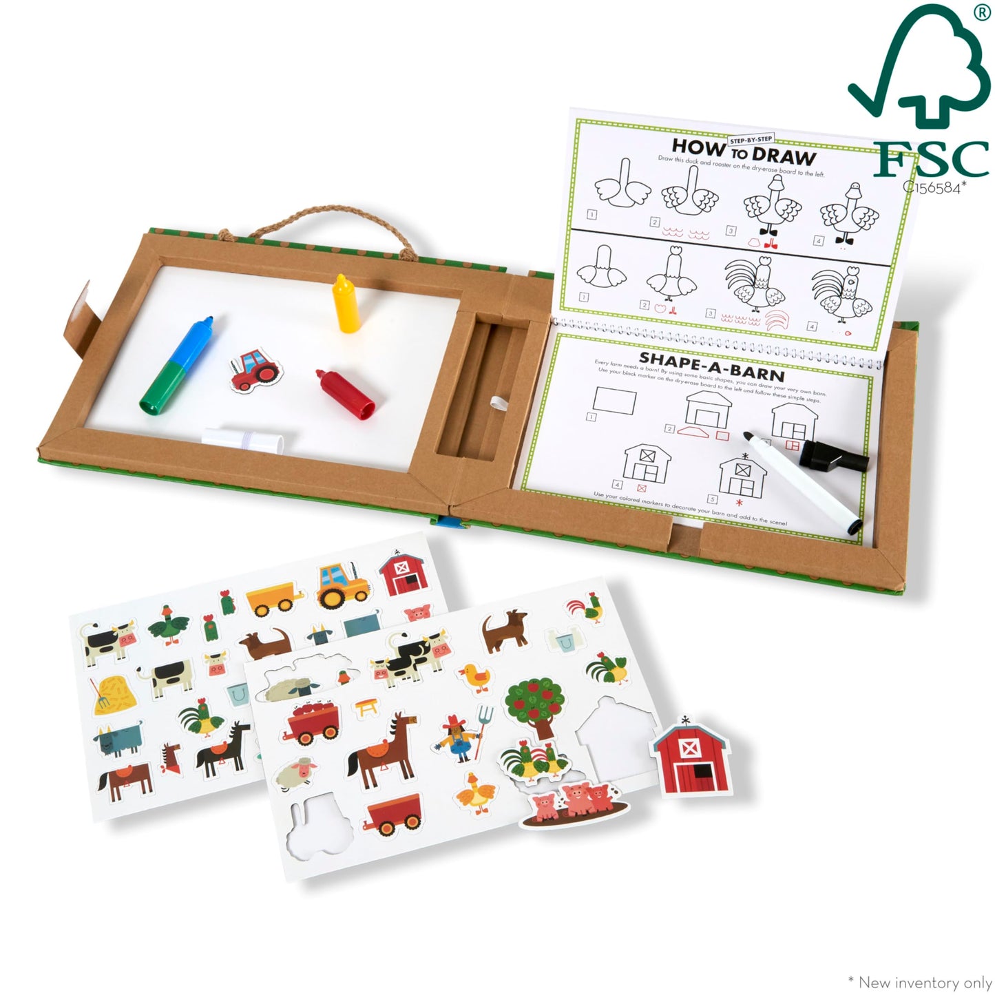 Melissa & Doug Reusable Drawing & Magnet Kit – Farm, 38 Magnets, 5 Dry-Erase Markers, 11.9 x 9.5 x 1.25 inches