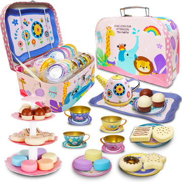 Hummigoo Tea Set for Little Girls, Pretend Tea Party Set for Kids Age 3 4 5 6 7 8 9, Kids Kitchen Pretend Play Tin Tea Set with 