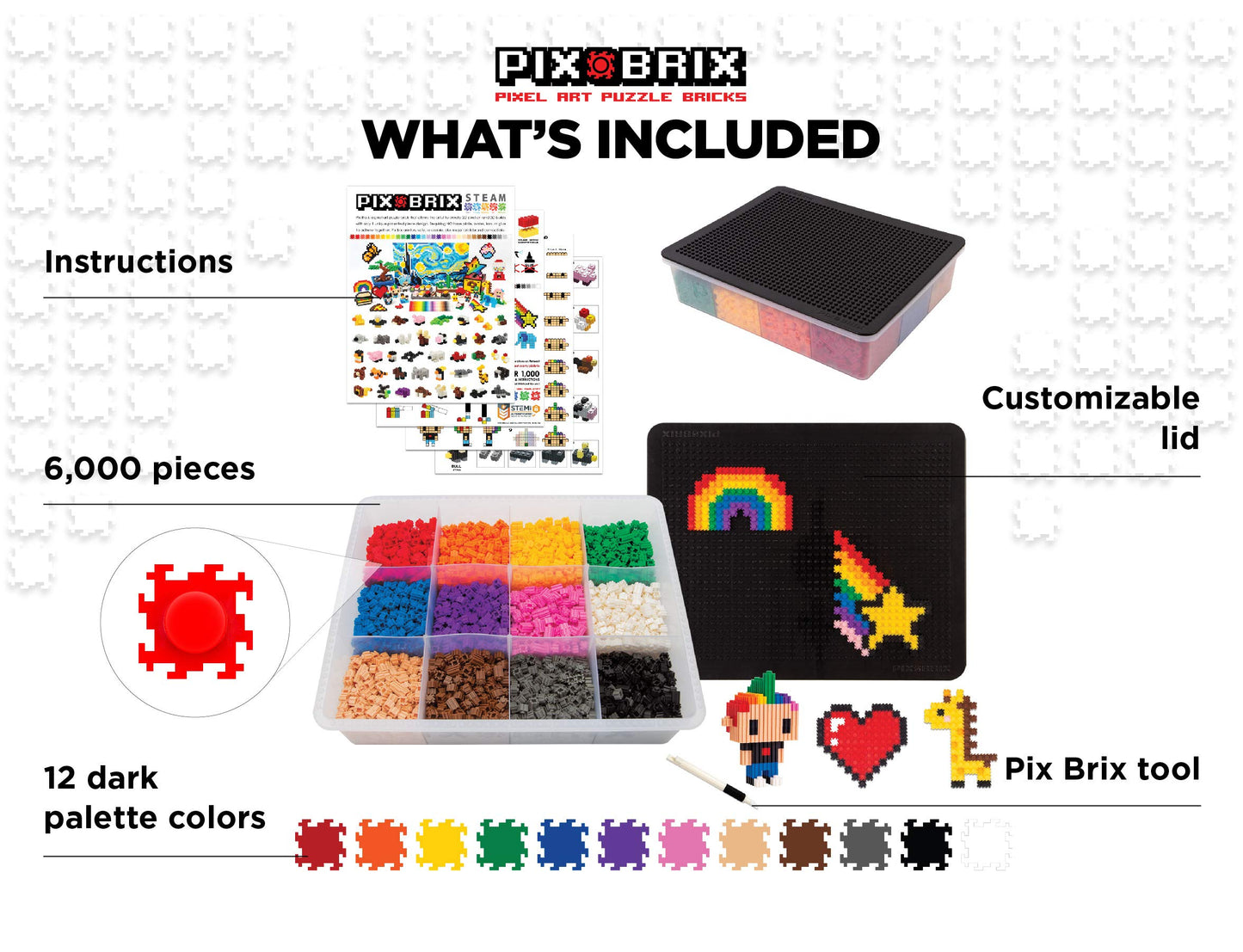 Pix Brix Pixel Art Puzzle Bricks - 6 000 Piece Pixel Art Container  12 Color Dark Palette - Interlocking Building Bricks  Create 2D and 3D Builds Without Water or Glue - Stem Toys  Ages 6 Plus