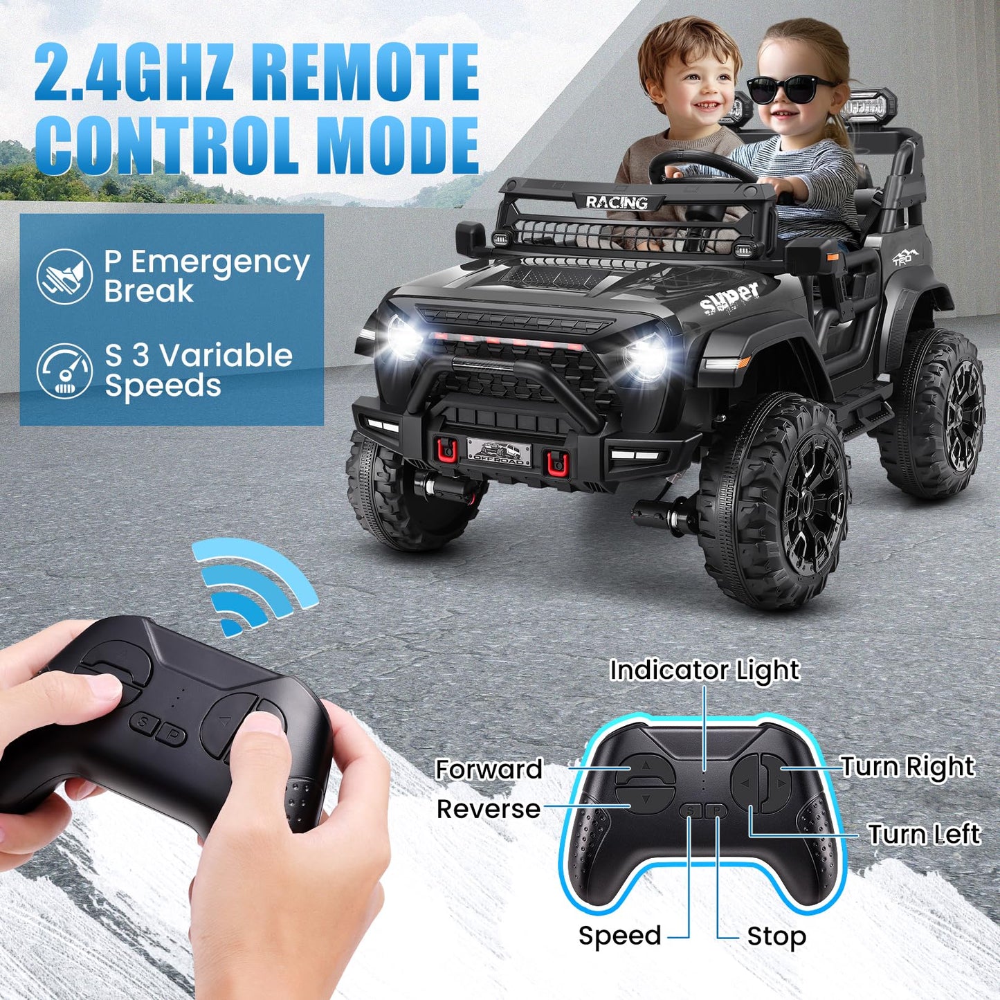 Hikole 2 Seater Ride On Car With Remote Control,24V Battery Powered Electric Truck For Kids,4X100W Motor,Led Headlights,Music Pl