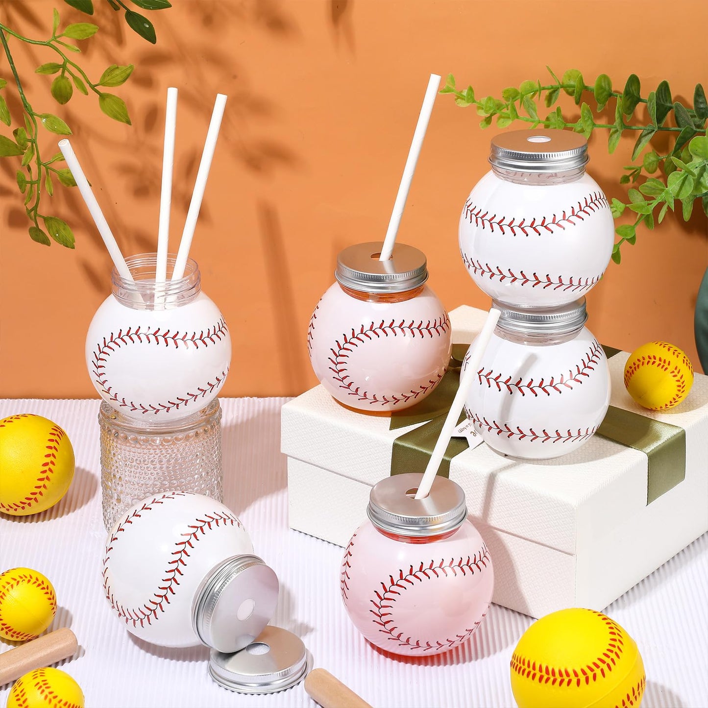 Baderke 12 Set Baseball Cups with Straws and Lids 10oz Plastic Baseball Shape Cups Bulk Sports Theme Bottle for Drink Birthday S