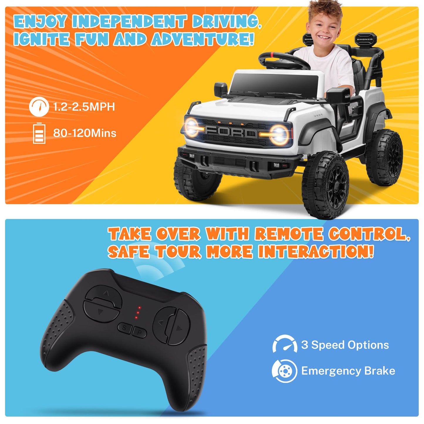 Enyopro Licensed Ford Bronco Raptor Electric Car For Kids, 12V Ride On Toys For Toddlers, Christmas Birthday Gifts Ride On Car F