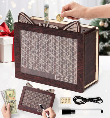 Upgraded Money Saving Box, 10000 Wooden Piggy Bank For Kids, Coin Cash Box Gifts Toys For Ages 8-13, Reusable Kakaibo Money Savi