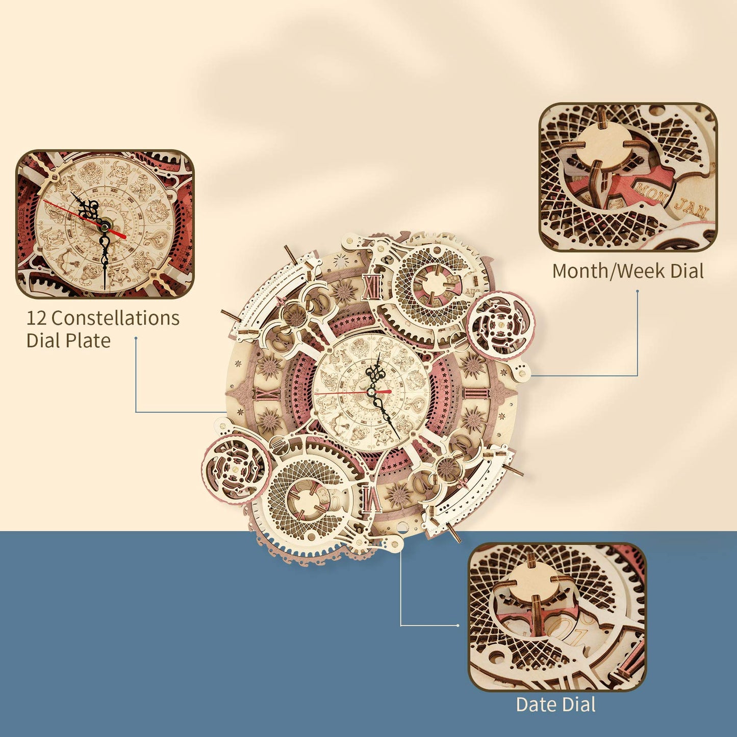 Rokr 3D Wooden Puzzles For Adults Mechanical Clock Kits-Zodiac Clock, Diy Clock Model Building Kits Brain Teaser Puzzles, Diy Crafts/Hobbies/Gifts Desk Decor For Teens (Zodiac Clock)