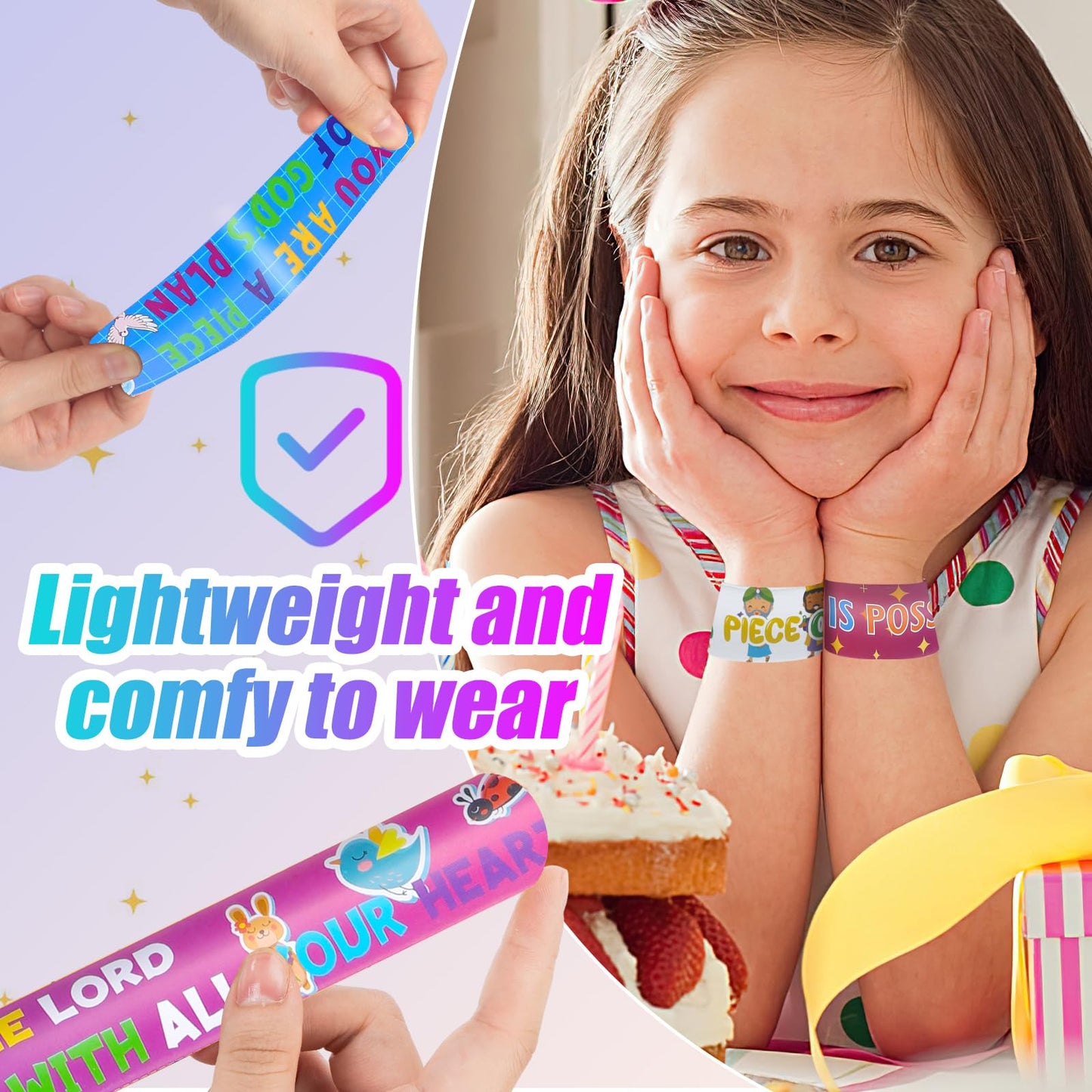 LovesTown 48PCS Christian Snap Bracelets, Bible Verses Religious Slap Wristbands Slap Bracelets for Kids Sunday School Gifts Cla