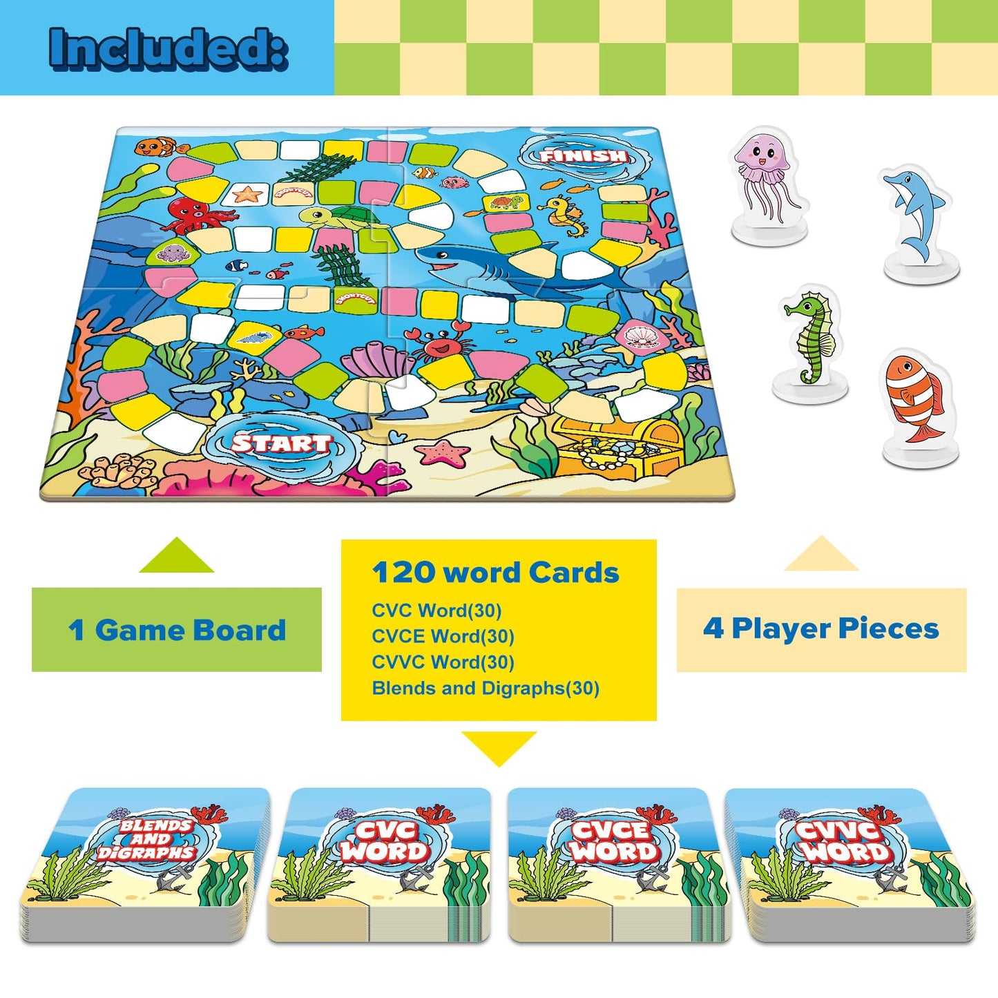 Broytain Word Ocean Phonics Board Game For Kids,Educational Learning Word Board Games For Boys And Girls,Reading And Spelling Wo