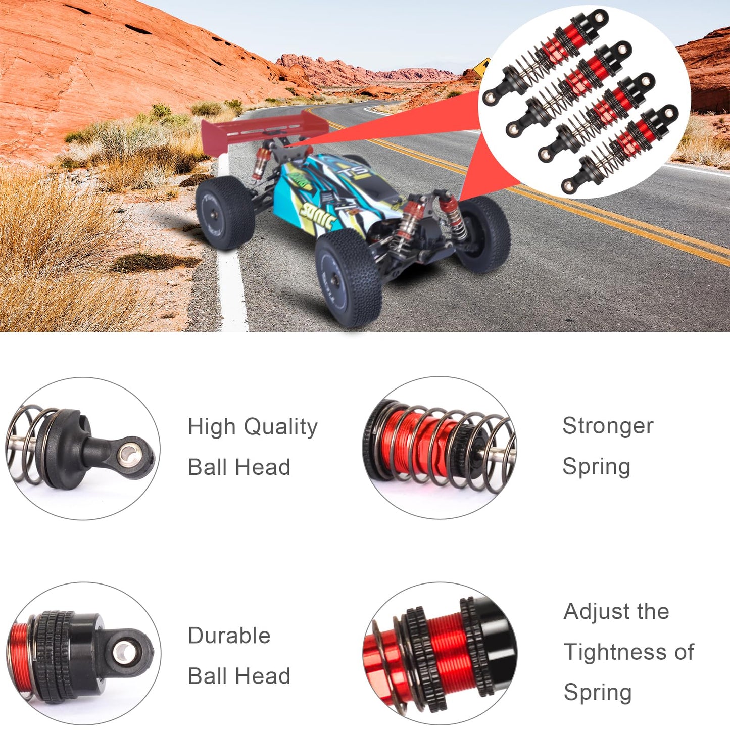 RcThjia Oiled Shocks Upgraded 66mm/72mm Aluminum Oil Shock Absorber Set for 1/12 1/14 1/16 RC Cars - Compatible with WLtoys 1440