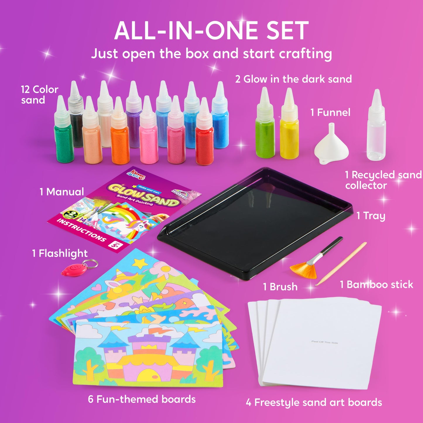 Klever Kits Glow Sand Art Kits for Kids, Glow in The Dark Sand Painting with 14 Colors, Kids Crafts, 6 Fantasy Templates & 4 DIY
