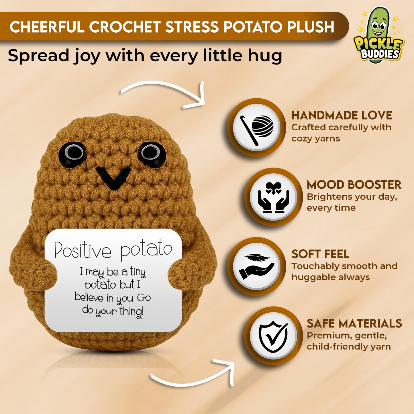 SACHPER Pickle Buddies Mini Positive Potato - Emotional Support Potato Doll Handmade Positive Crochet Animals Gifts Emotional Support Nuggets Say Potato Gift for Anxiety & Stress Relief