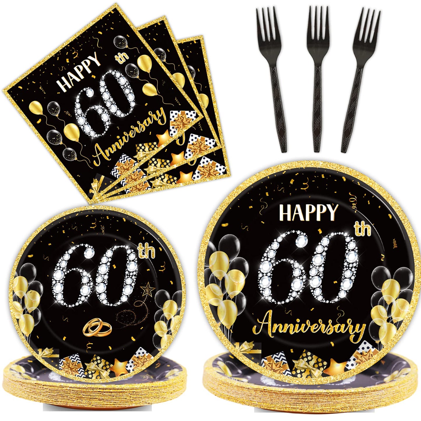 chiazllta 96 Pcs 60th Wedding Anniversary Party Paper Plate and Napkins Supplies Gold Black Disposable Tableware Anniversary Par