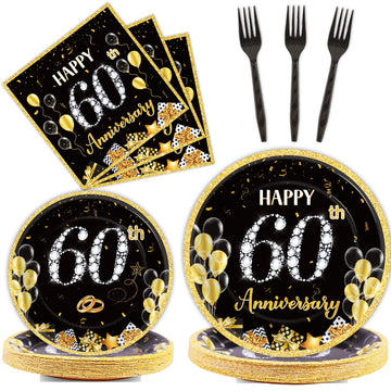 chiazllta 96 Pcs 60th Wedding Anniversary Party Paper Plate and Napkins Supplies Gold Black Disposable Tableware Anniversary Par