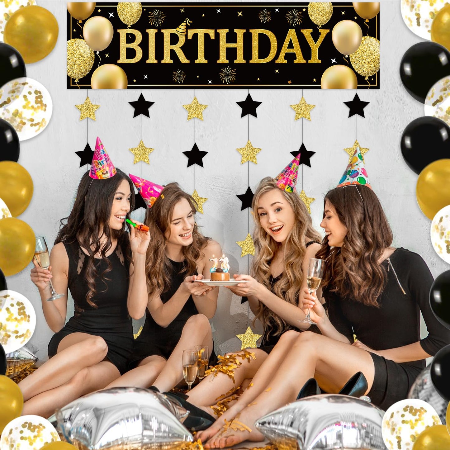 Blosssound Happy Birthday Door Decorations Golden Door Cover Banner Black and Gold Hanging Star Garland Porch Sign Backdrop Door