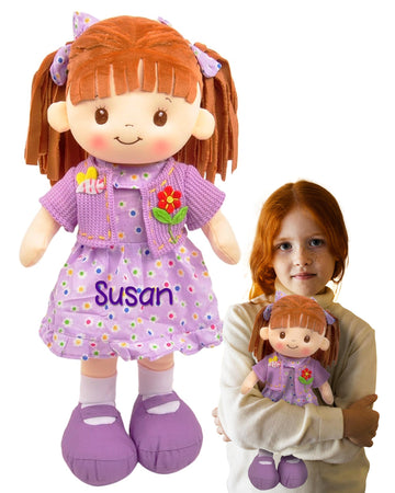 Personalized Rag Dolls for Girls - Custom 16 Inches Soft Plush Snuggle Baby Doll for Toddlers Stuffed Toys - Muecas de Trapo Personalizadas para Nias - Ginger Hair Purple Dress with Cardigan