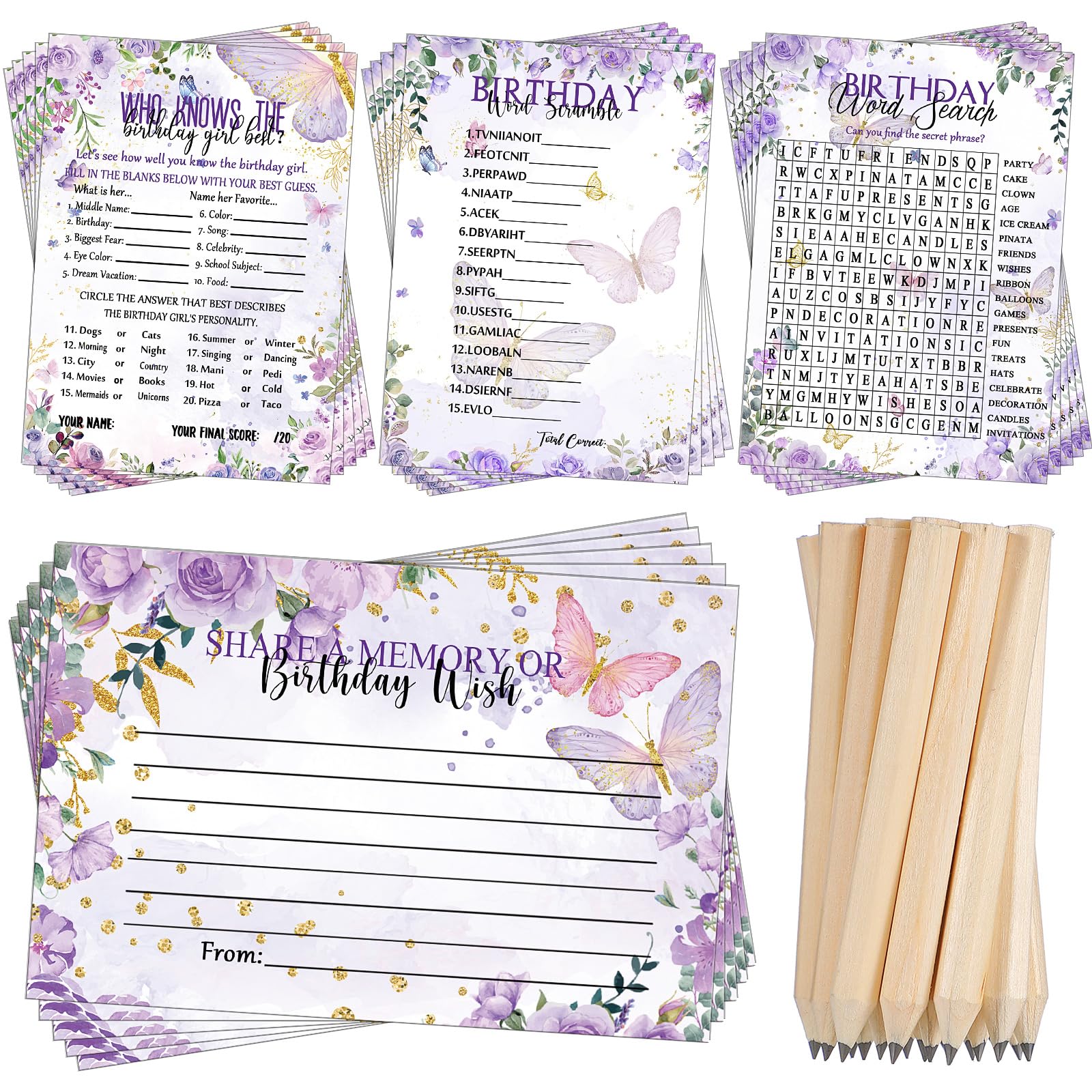 Fumete Birthday Party Games & Activities 100 Pcs Who Knows The Girl Game with 20 Pencils Girly Birthday Cards Set for Teens Swee