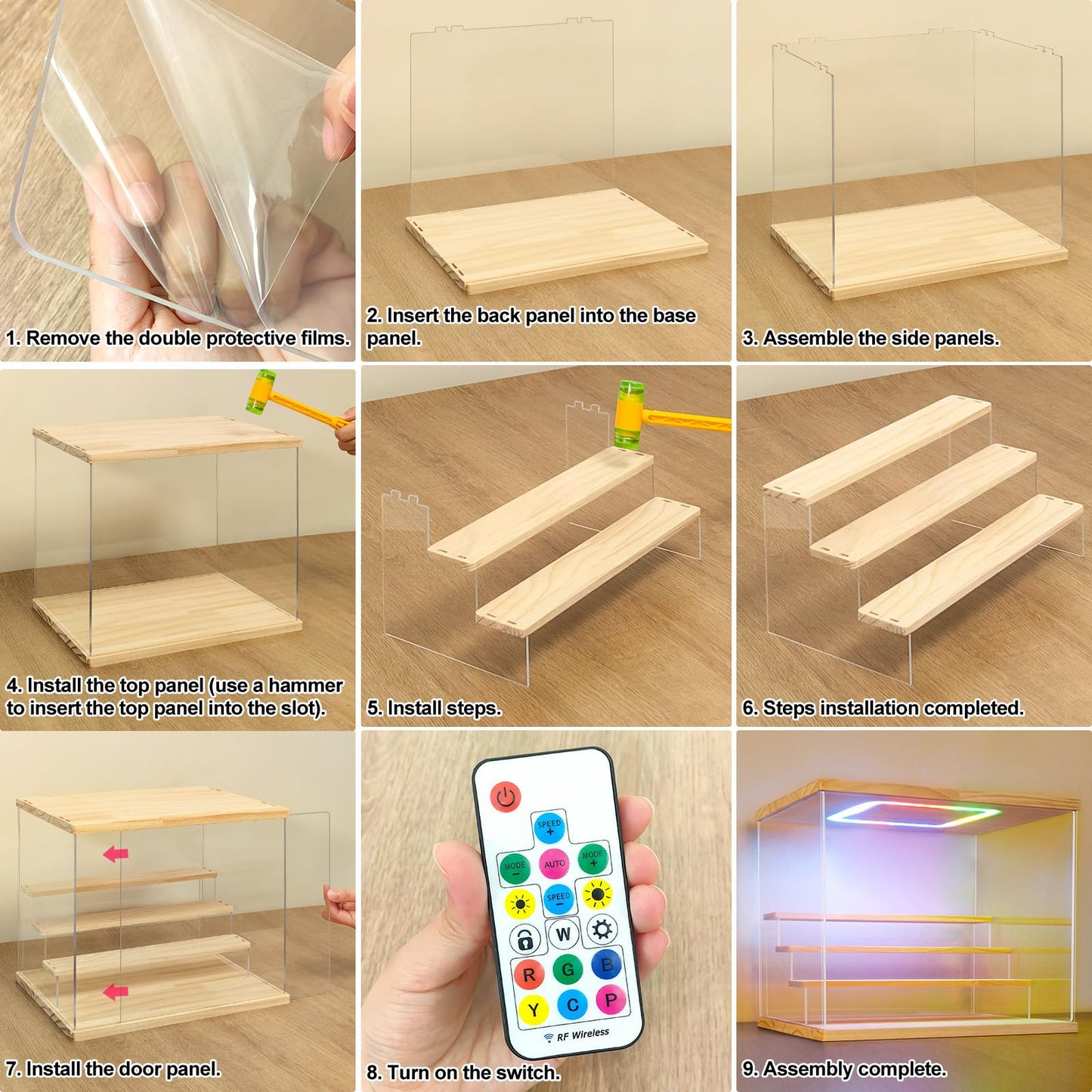 Nonemey Clear Acrylic Display Case With Light ,3/4/5/6 Tier Multiple Color Lights Via Remote Control Dustproof Display Box For C