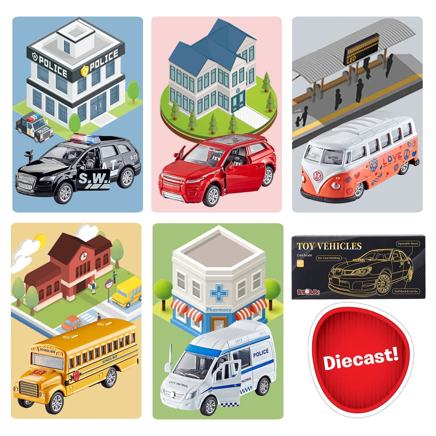 KIDAMI Die-cast Metal Toy Cars Set of 5, 1:64 Scale, Openable Doors, Pull Back, Official Car