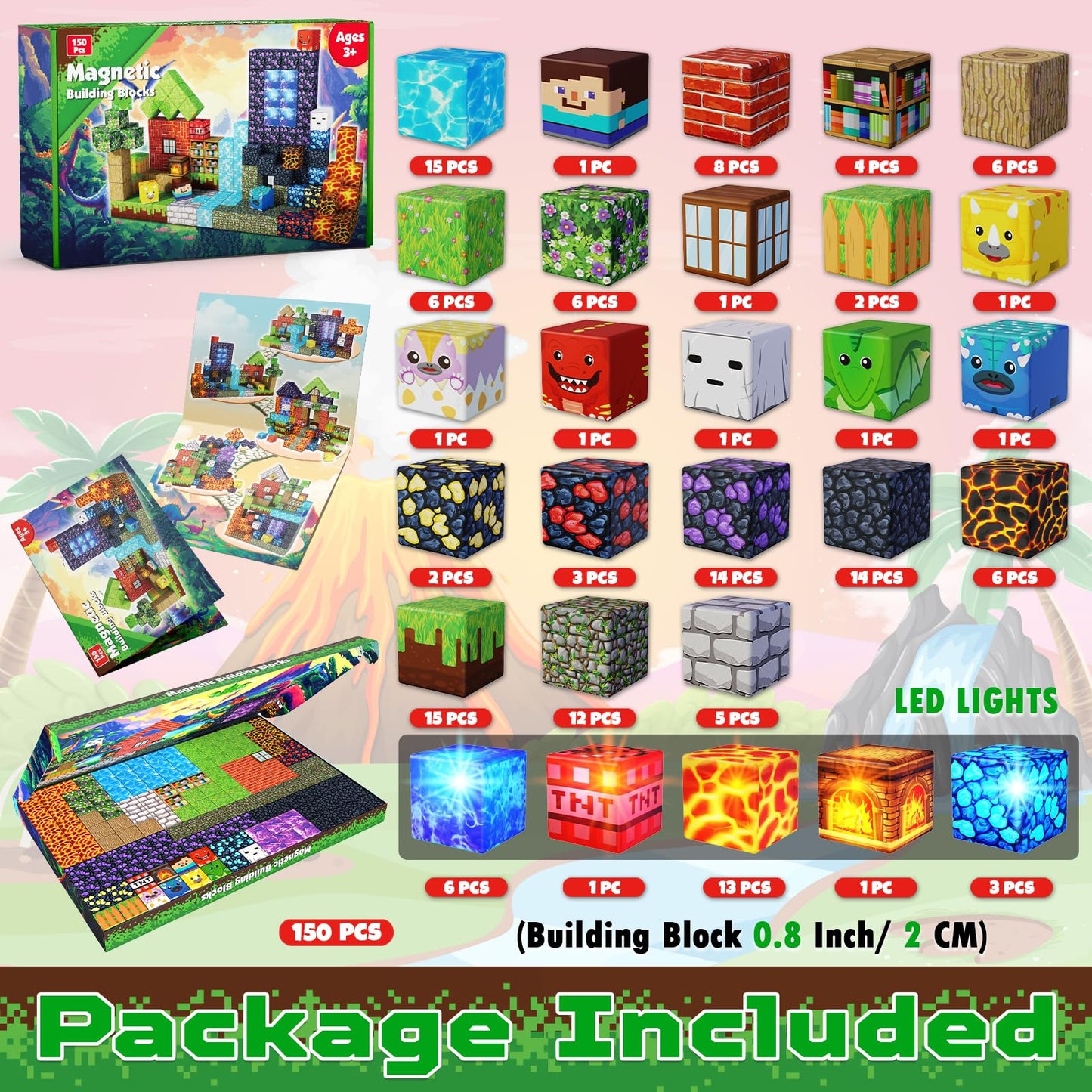 GraceDuck Magnetic Blocks Set - 150 PCS Dinosaur Volcano Forest - Light Up, 8.3"x8.3"x1.2", Multicolor, STEM Toy for Kids 3+