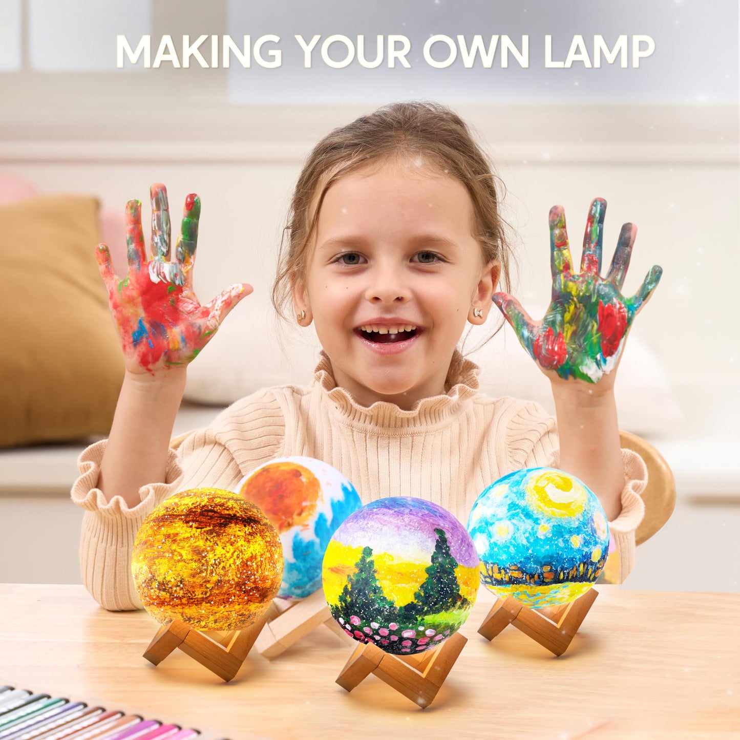 Klever Kits DIY 3D Moon Night Light - Paint Your Own Acrylic Galaxy Lamp, White, Model 60113, Arts and Crafts Kit for Kids