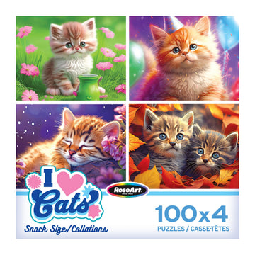 RoseArt Snack Size Multi-Puzzle Set, I Love Cats, 4x100 Pieces, Cardboard, Multi-colored, Model 1805ZZC-6