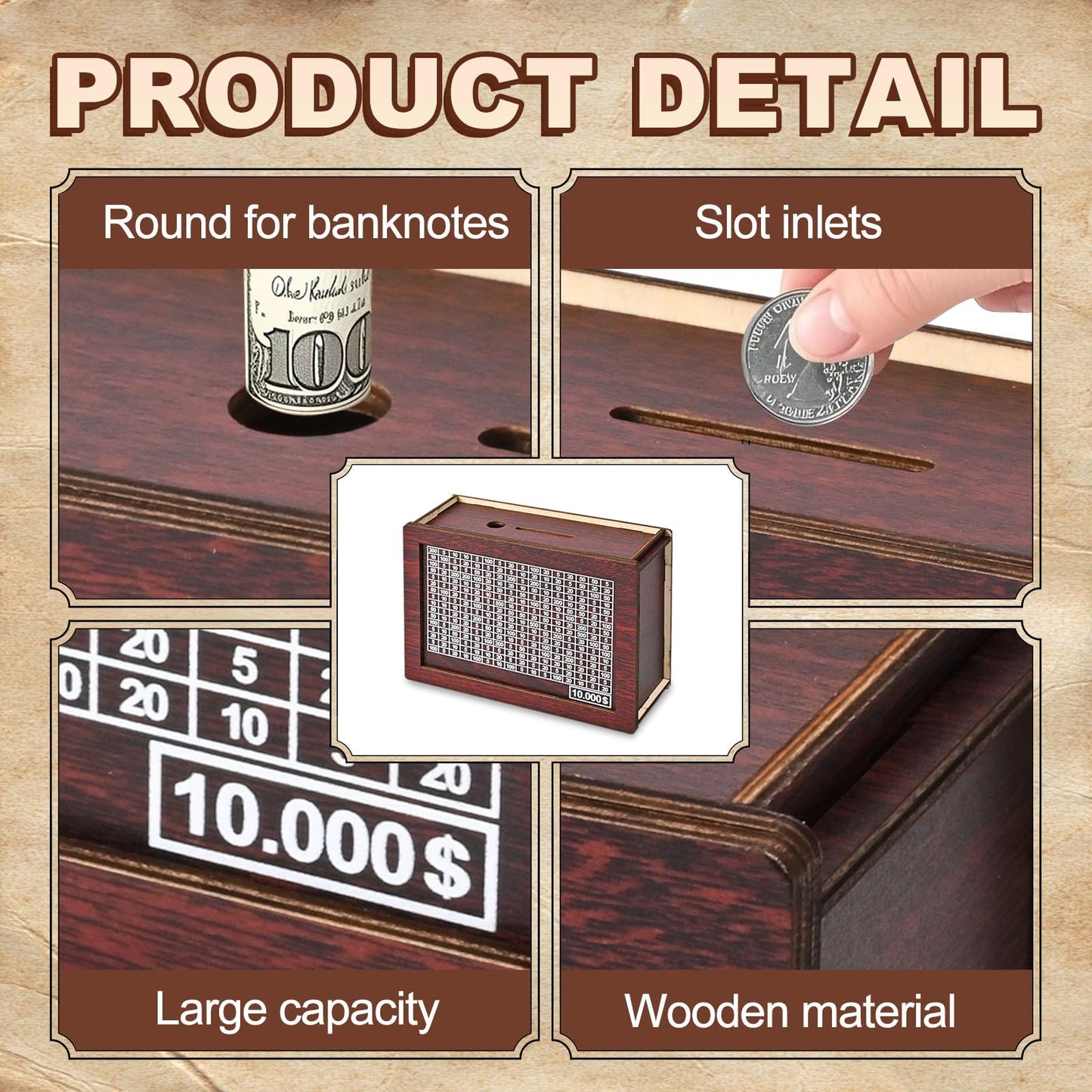 Krlladetiy 10000 Savings Challenge Box, Wooden Money Saving Piggy Bank For Adults Kids, Reusable, Targets 10K