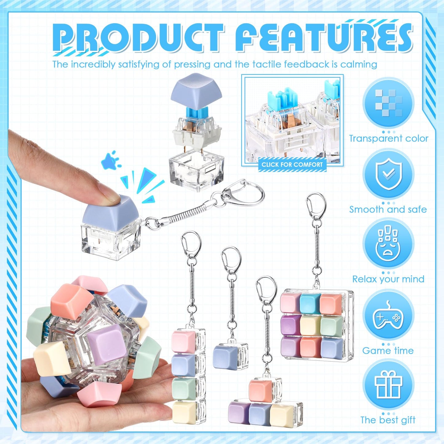 Halloscume 5 Pcs Keyboard mature-themed Fidget Toy Clicker Toy in 5 Styles Keyboard Fidget Keychain Cube Mechanical Key Button Clicker Stress Relief Gift for Office Home Pass Time (Pastel Colors)