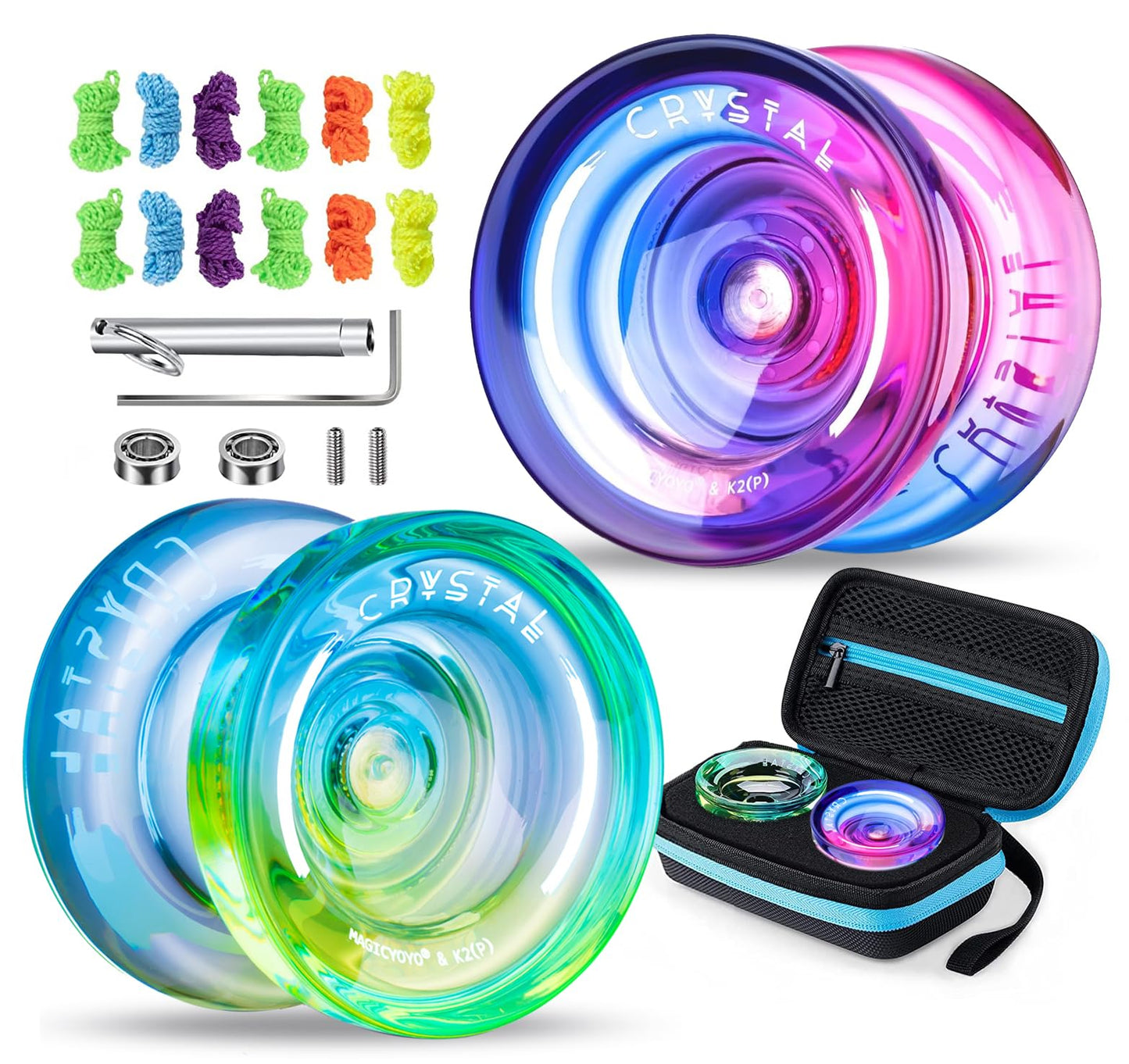 Magicyoyo Responsive Yoyo K2 Crystal Blue-Yellow + Pink-Purple, Dual Purpose Yoyo For Kids Beginners, Extra Unresponsive Bearing For Intermediate Advanced+12 Yoyo Strings+2 Kk Bearings + 1 Yoyo Case