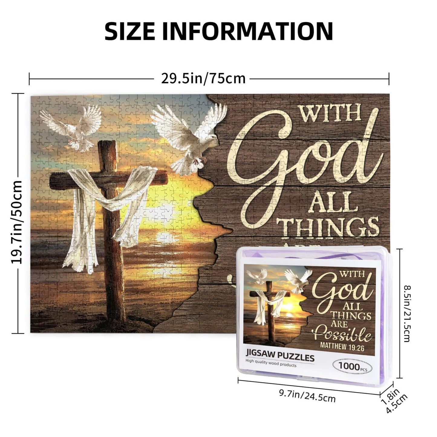 Christian Jigsaw Puzzles 1000 Pieces for Adults, Ocean Cross & Matthew 19:26 with God All Things are Possible, Inspirational Bea