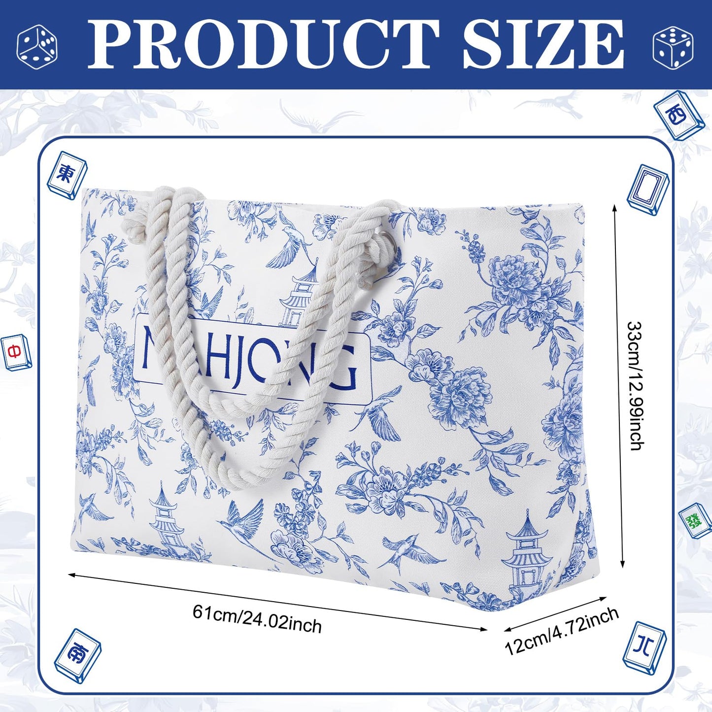 Sunnymove Mahjong Tote Bag - Canvas, 24"x13"x4.7", Blue Chinoiserie Design, Perfect for Game Lovers and Daily Storage