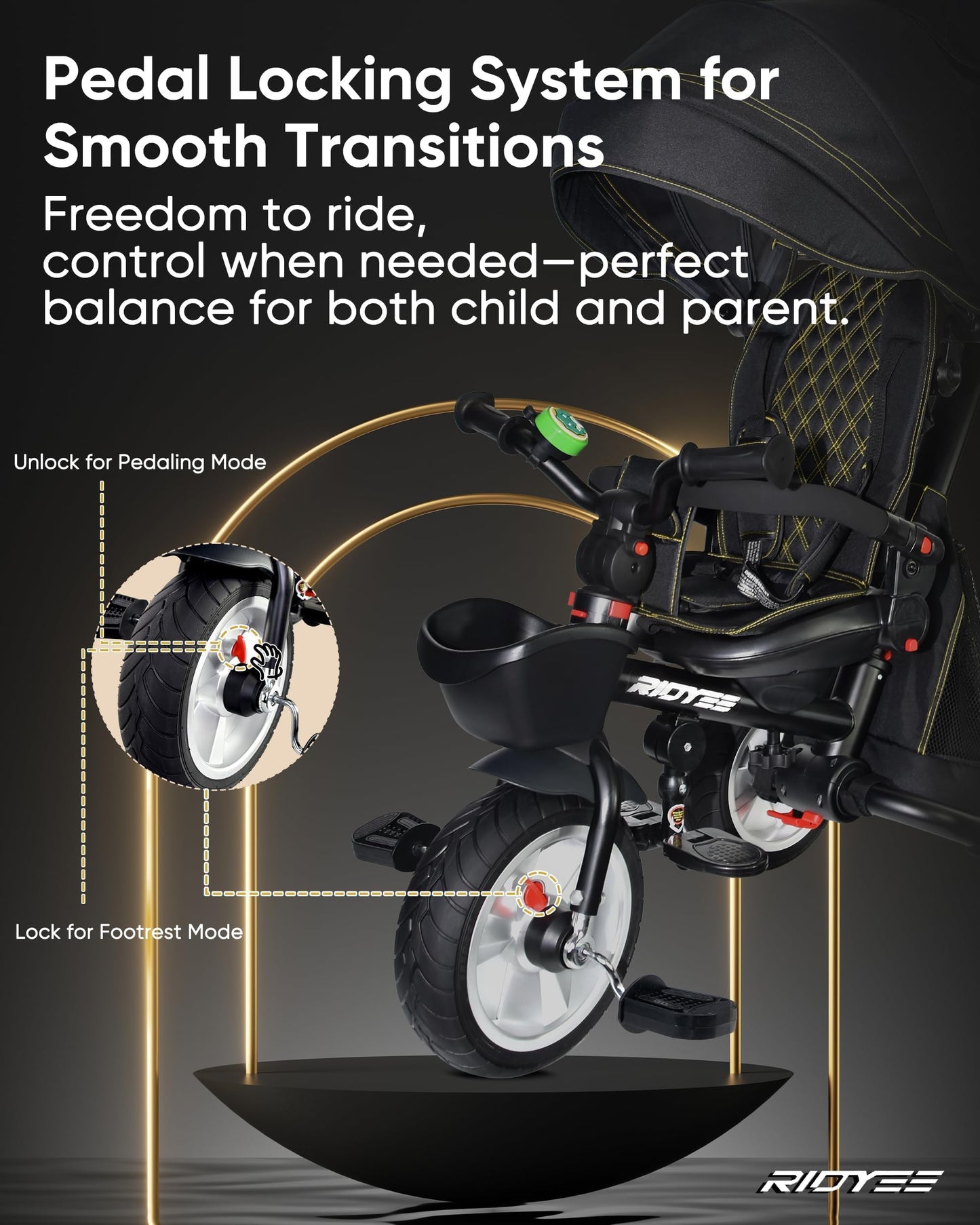 RIDYEE 7-in-1 Folding Toddler Tricycle, Dual Brakes, Adjustable Handle, Rubber Tires, Black, 42.52"x20.28"x42.52" for Ages